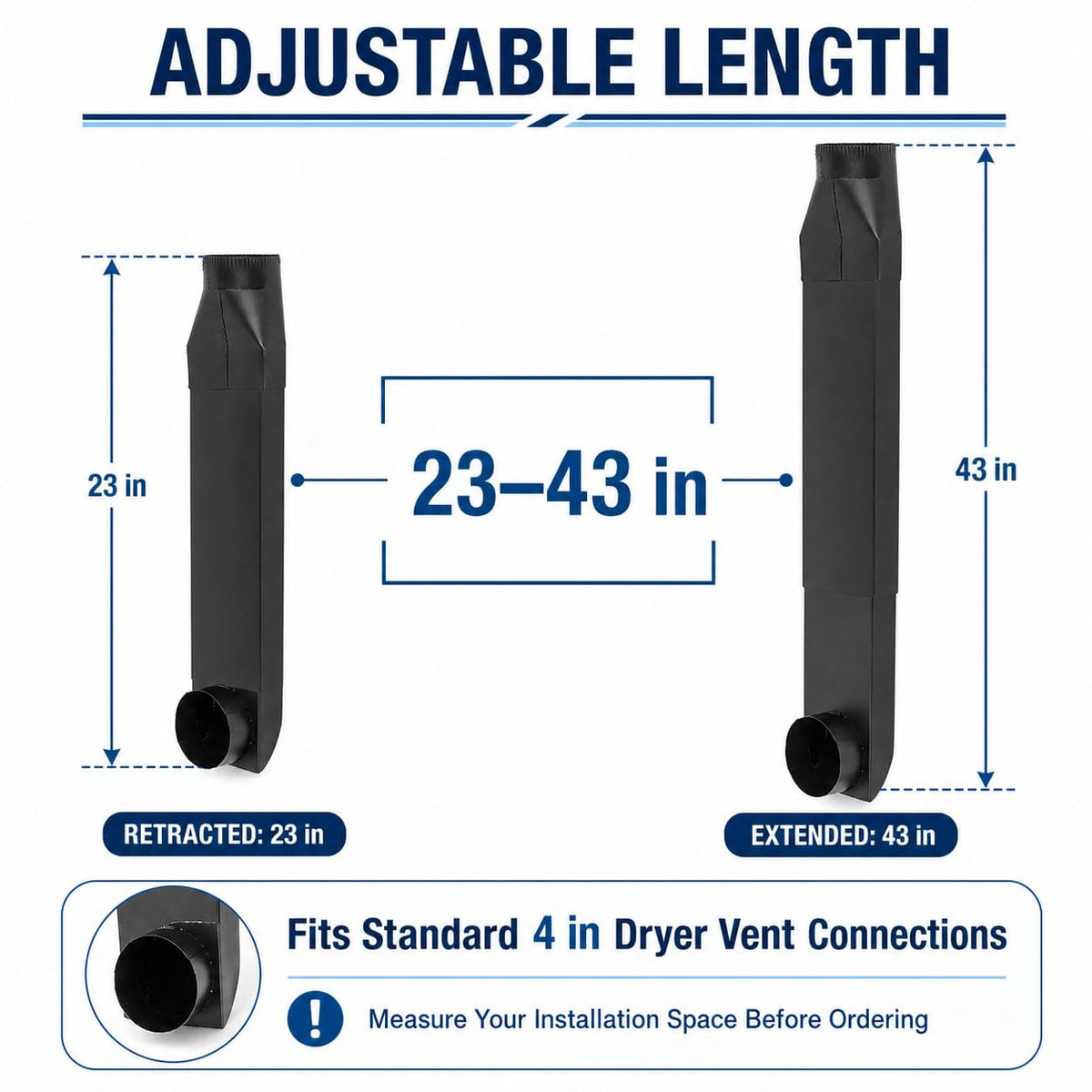 Adjustable Flat Dryer Vent Duct, 23–43 Inch Periscope for Offset Wall Vents