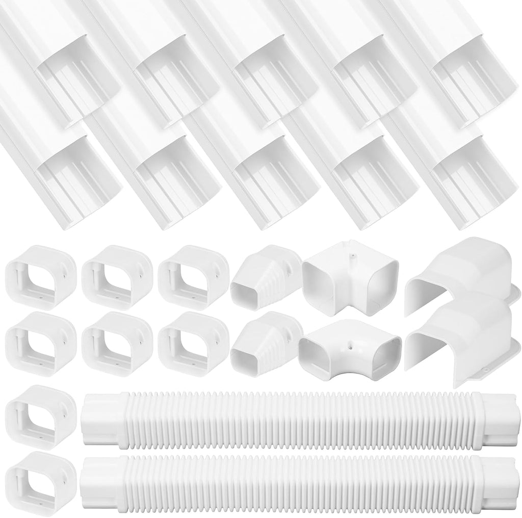 3" 20Ft Mini Split Line Set Cover Kit, Decorative PVC Slim AC Line Covers | with Flexible Duct, Paintable