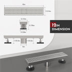 12 Inch Linear Shower Drain Rectangular Floor Drain with Accessories Square Hole Pattern Cover Grate Removable SUS304