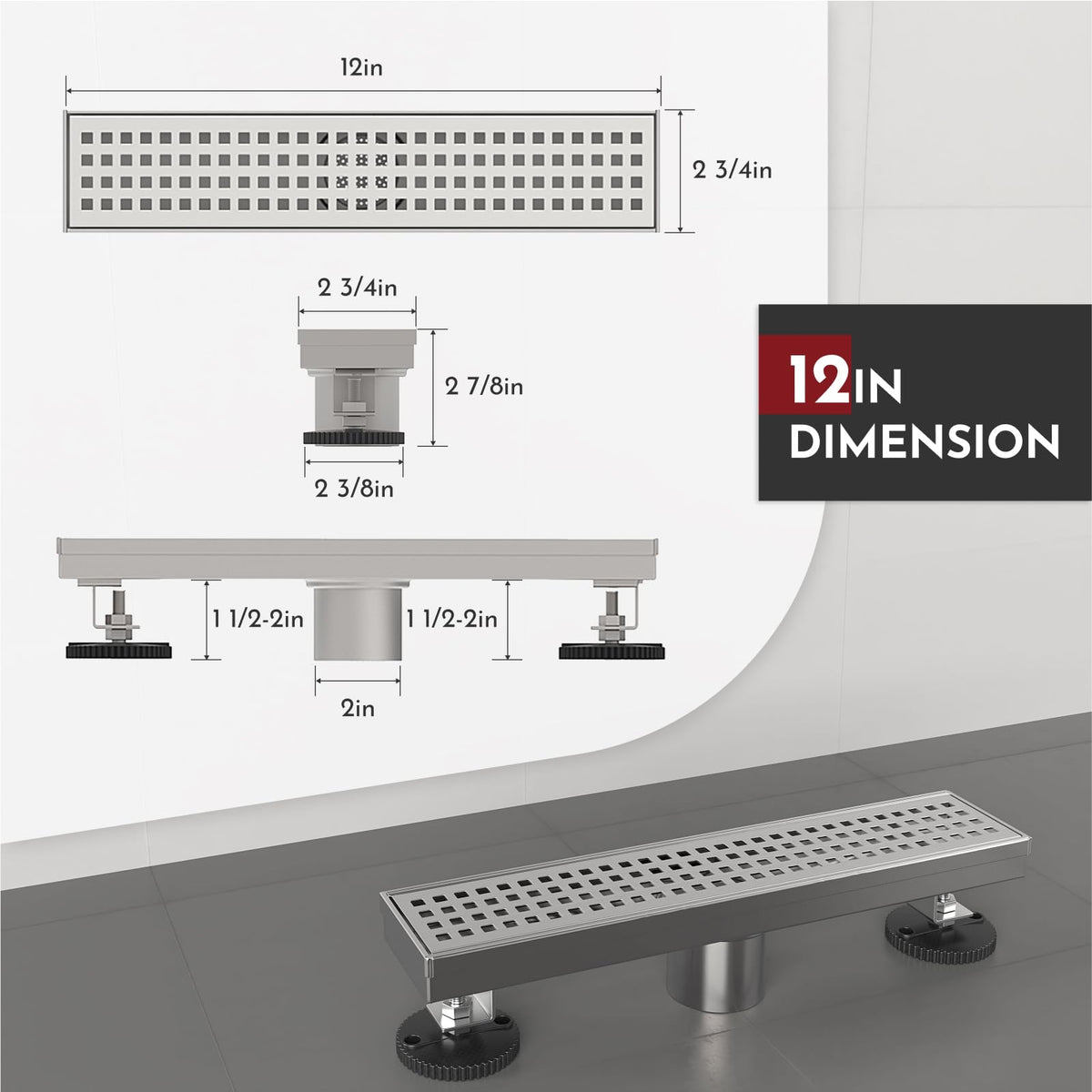 12 Inch Linear Shower Drain Rectangular Floor Drain with Accessories Square Hole Pattern Cover Grate Removable SUS304