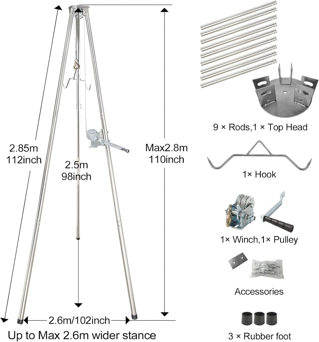 Deer Game Hoist Tripod Hanger Rack with Gambrel and Manual Winch