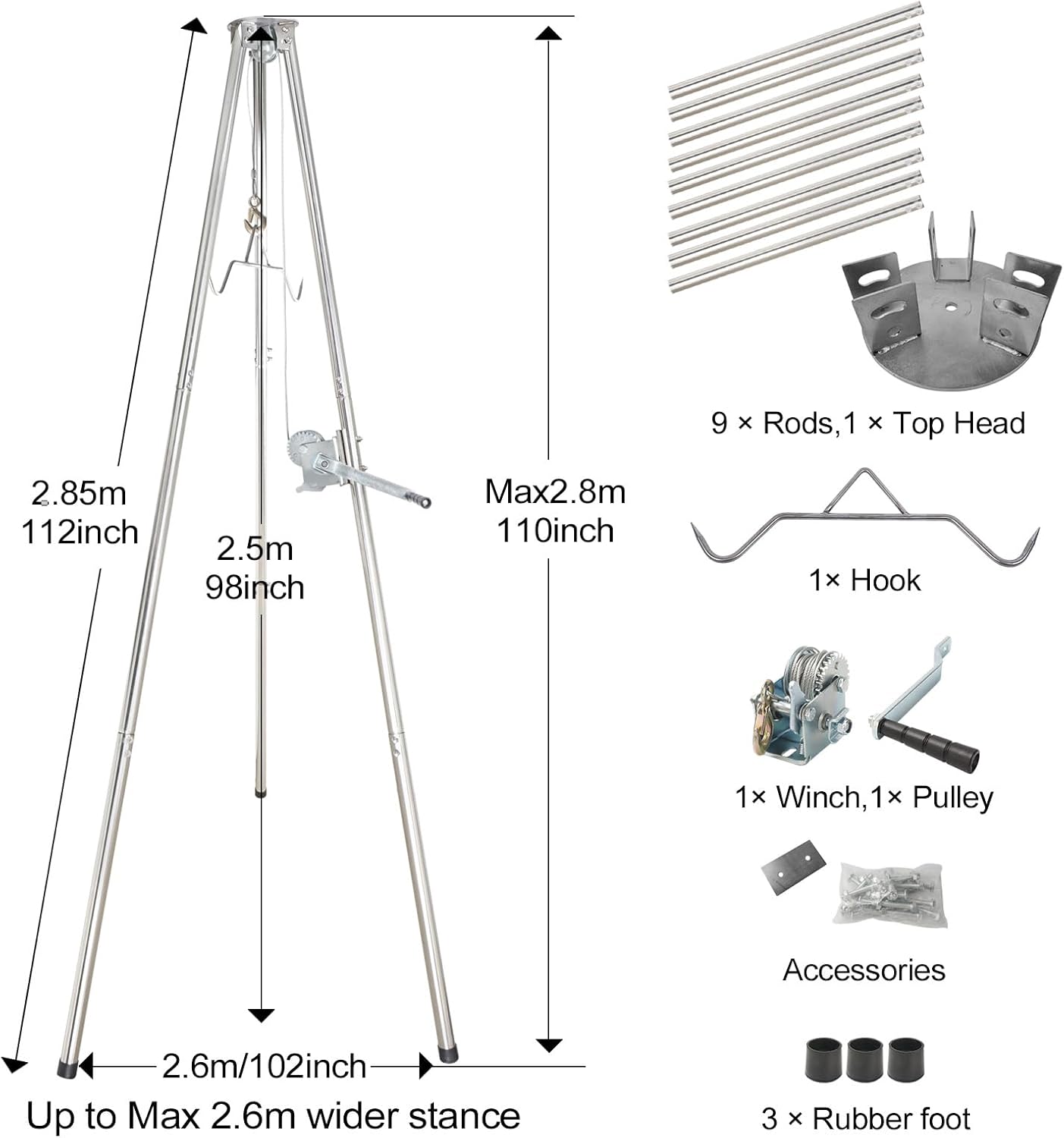 Deer Game Hoist Tripod Hanger Rack with Gambrel and Manual Winch