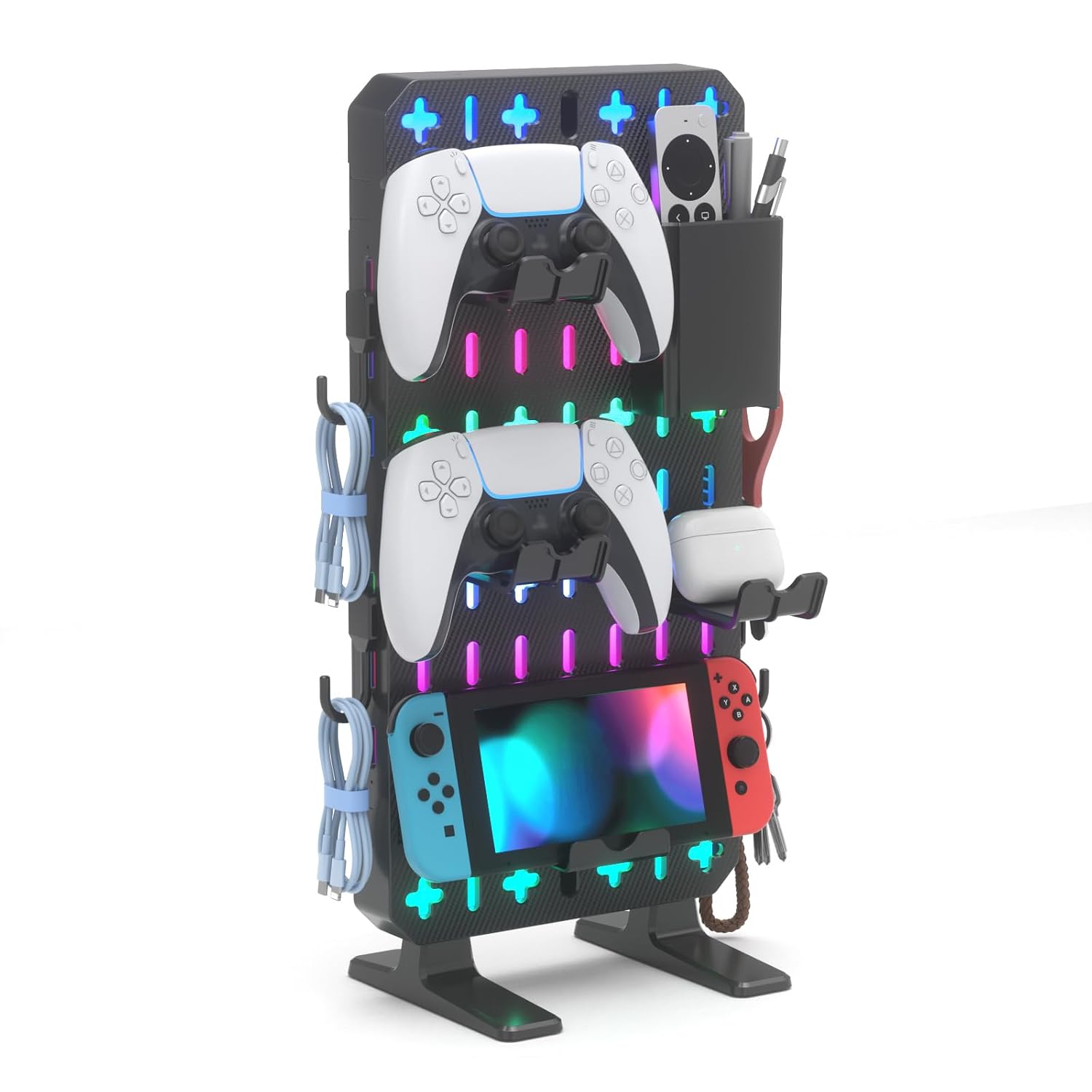 6 in 1 RGB Gaming Desk Accessories - No Drill Desk Organizer with Phone Stand/Storage Box/Headset & Controller