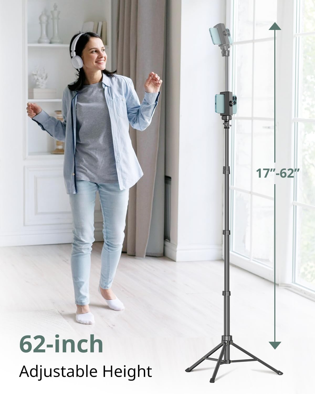 62" Phone Tripod for iPhone, Extendable Selfie Stick Tripod Stand with Wireless Remote and Phone Holder, Cell Phone