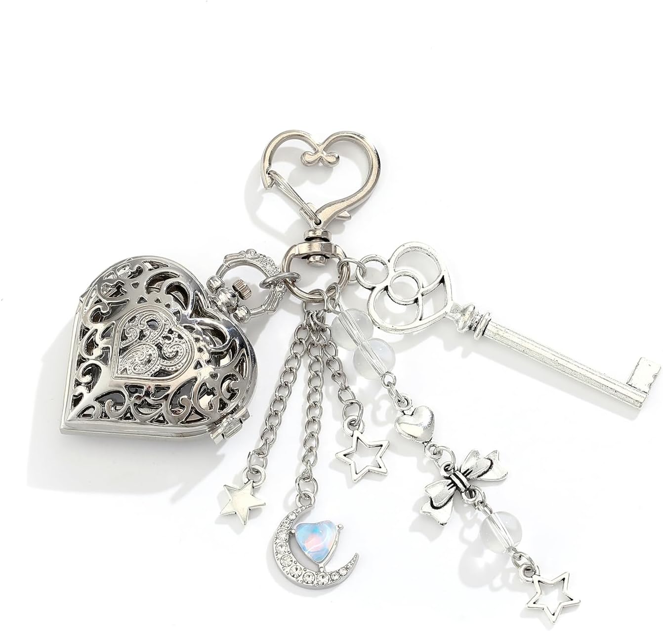 Y2k Pocket Watch Keychain Aesthetic Heart Locket Bag Charms | Moon Star Bow Bag Purse Charms for Handbags Accesories