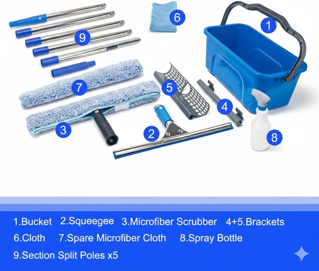 Window Cleaning Kit with 6ft Long Handle, 3 Gallon Bucket,14" Squeegee,15" Microfiber Scrubber,Spray Bottle