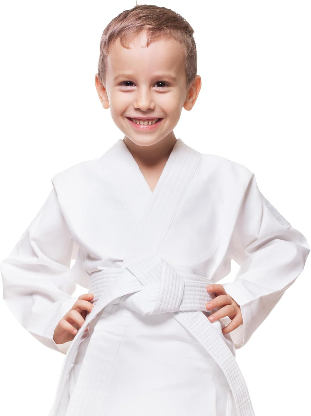 White Karate Gi Uniform Set with Belt, Ages 3–12 | Complete set: top, pants, white belt. 55% cotton/45% poly. Machine