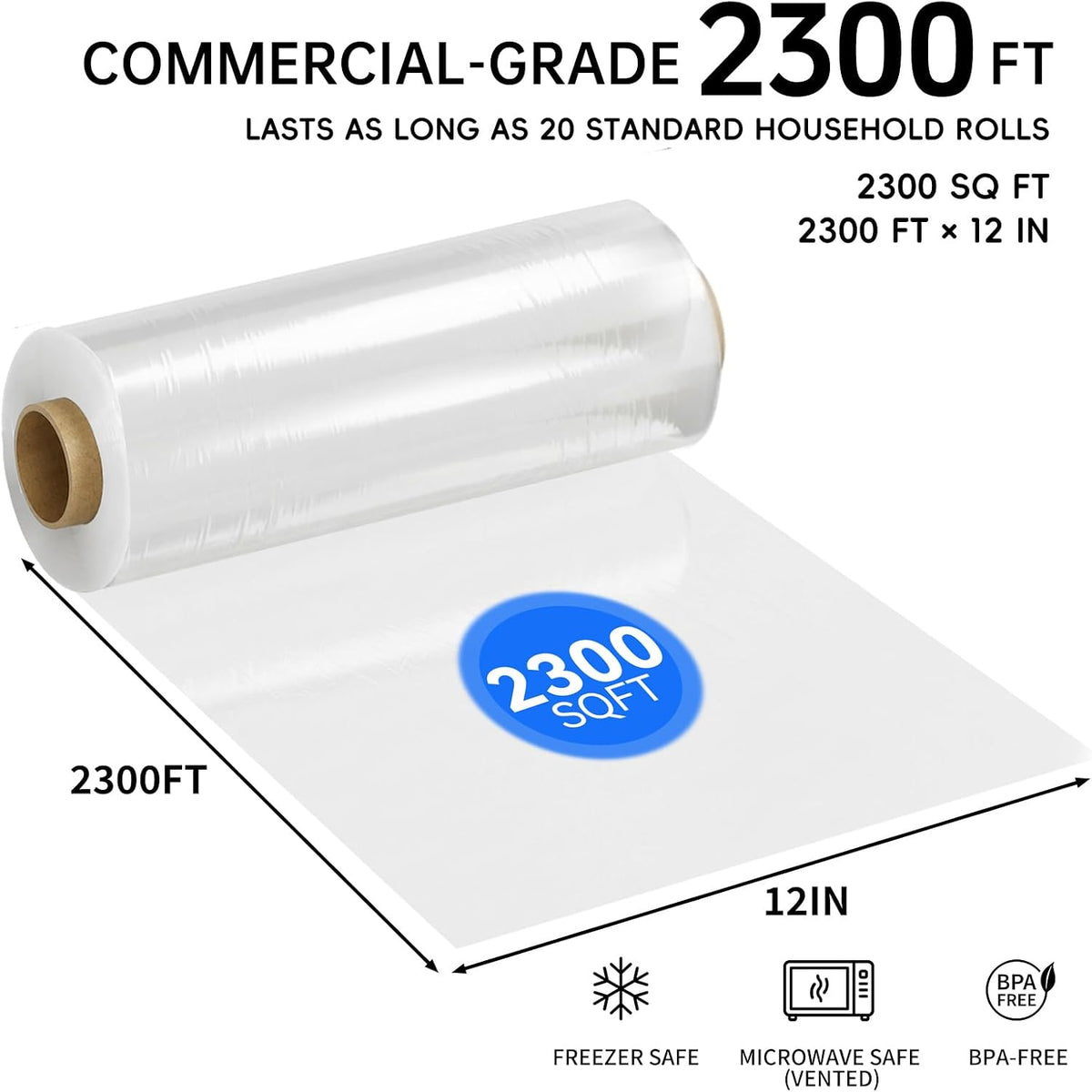 12" x 2300 SqFt Plastic Wrap with Slide Cutter, Cling Wrap for Kitchen