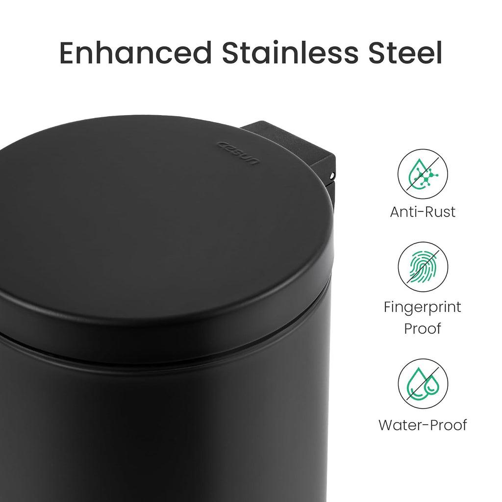 Small Round Bathroom Trash Can with Lid Soft Close, 1.2 Gal, Black | Removable Inner Bucket, Stainless Steel Garbage