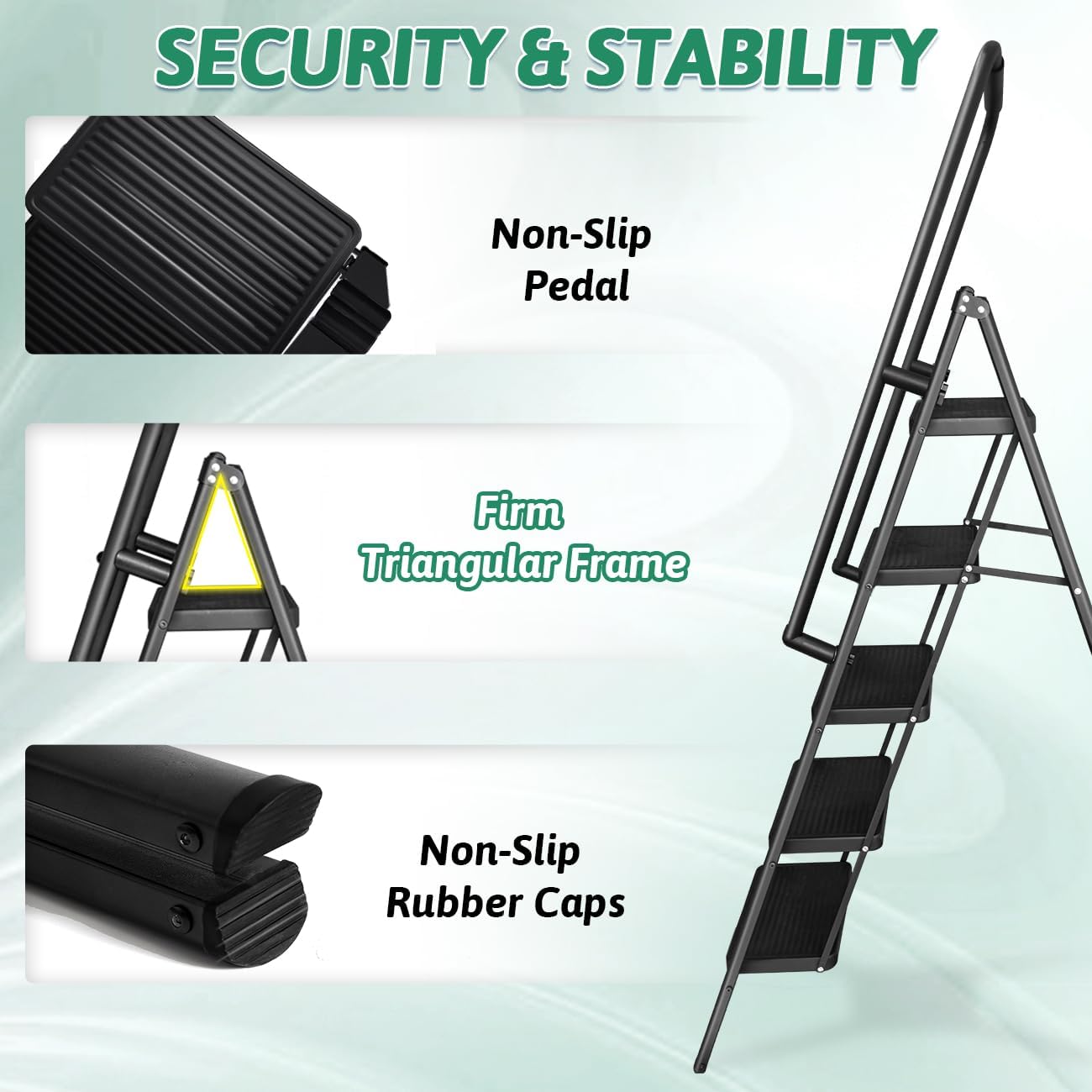 5-Step Folding Ladder with Handrails, Heavy Duty Ladders for Home & Kitchen, Folding Ladder Easy to Store, Tall