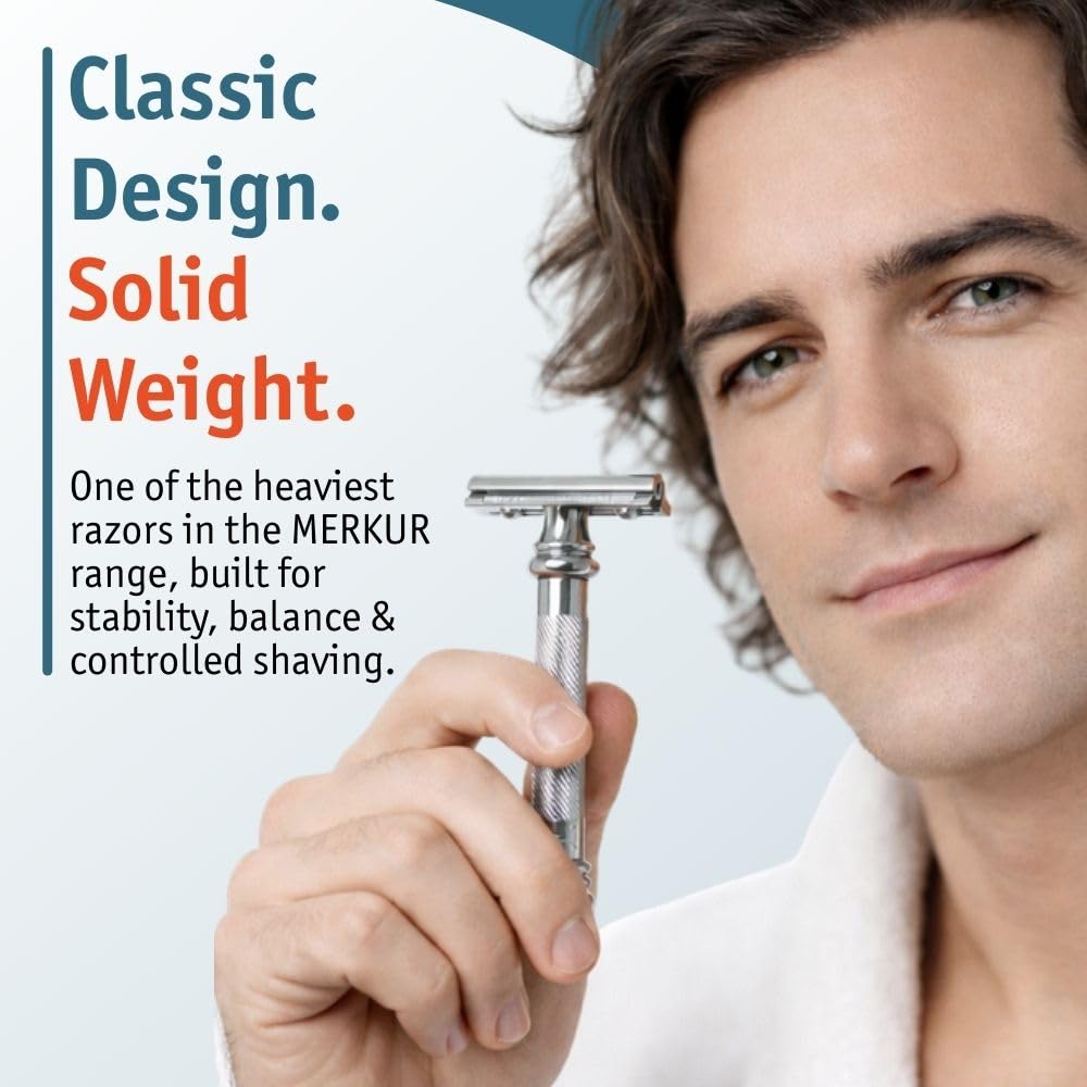 38C Double Edge Safety Razor - Bright Chrome, Extra Large Barber Pole Grip Brass Handle, Made in Germany