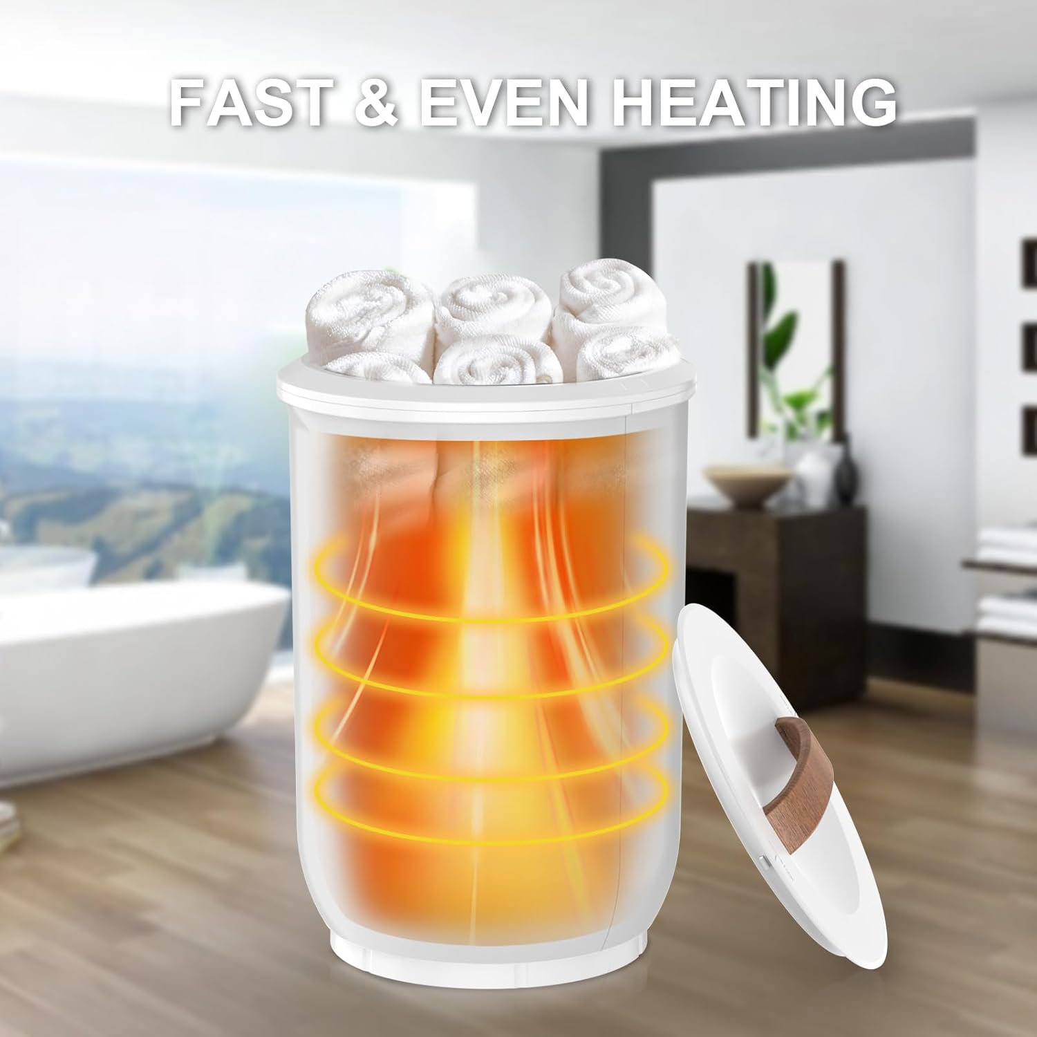 Large Towel Warmer for Bathroom - Heated Towel Warmers Bucket, Wood Handle, Auto Shut Off, Fits Up to Two 40"X70"