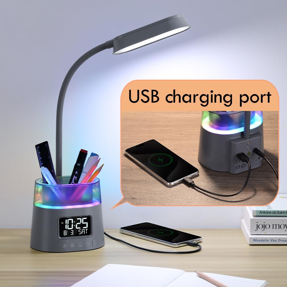LED Desk Lamp for College Dorm Room Essentials, Students Study Lamp with USB Charging Port, Pen Holder, Clock & RGB