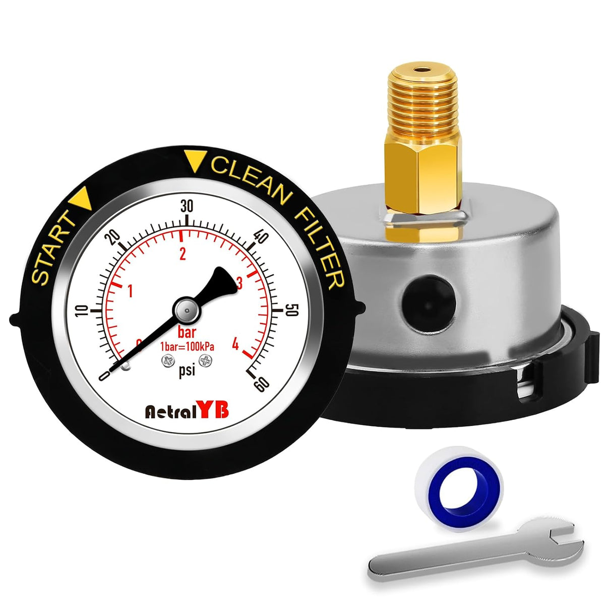 60Psi Pool Filter Pressure Gauge, IP67 Waterproof,2" Dial,1/4NPT