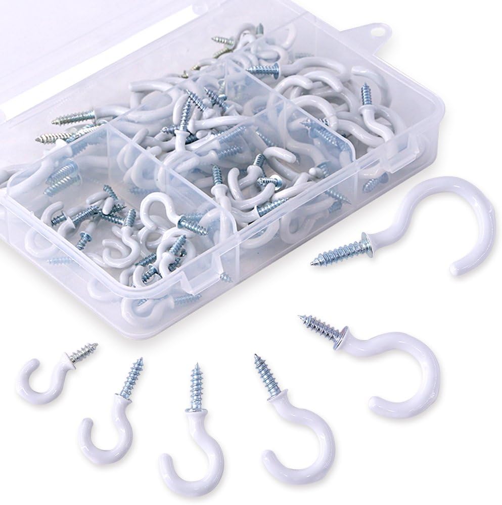 100Pcs White Cup Hooks Assortment Kit, Vinyl Coated Ceiling & Wall Hooks Holder for Home, Office & Workplace - 1/2"