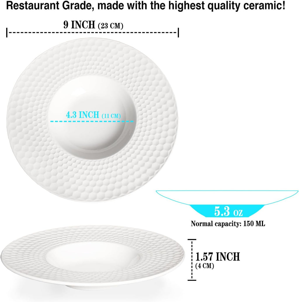 Creative home decor ceramic wide-rimmed soup bowls/plates, 5.3 oz pasta bowl set of 4, white embossed bowls and