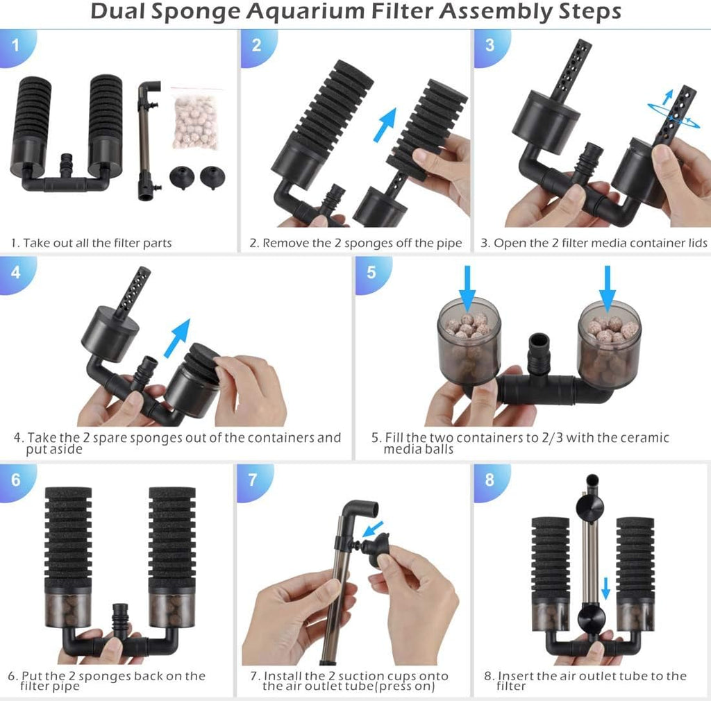 Sponge Filter, Aquarium Filter Double Sponge Replaceable Media with 4 Biochemical Sponges and 1 Bag of Filtered