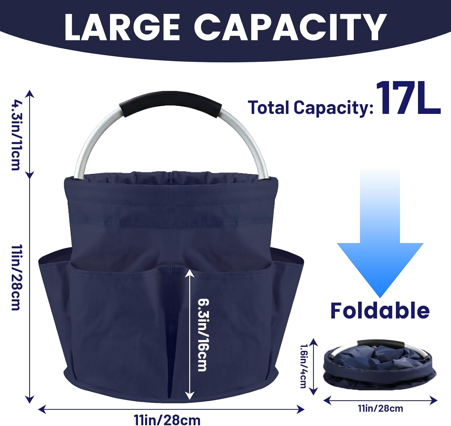 Cleaning Caddy with Handle and 6 Pockets, 17L Cleaning Supplies Organizer, 600D Oxford Fabric Storage Basket