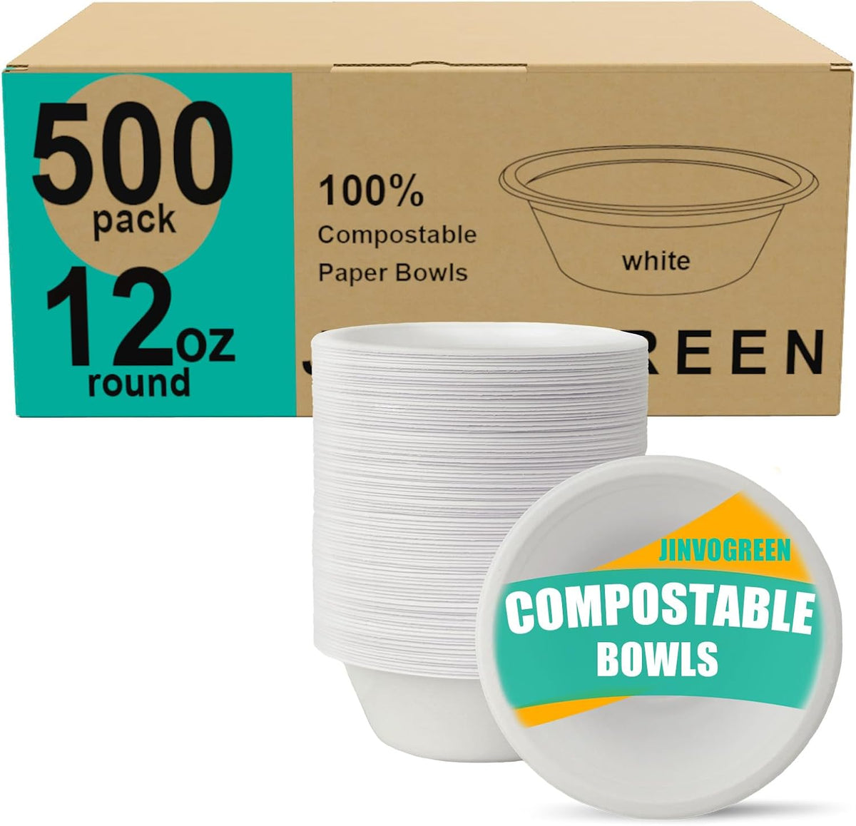 Paper Bowls, 500 Count 12 oz Compostable Paper Bowls Bulk, White