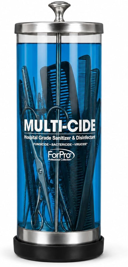 ForPro Multi-Cide Tall Glass Disinfectant Jar, Holds Brushes, Combs, Shears & Salon Tools, Clear Sanitizing Jar for
