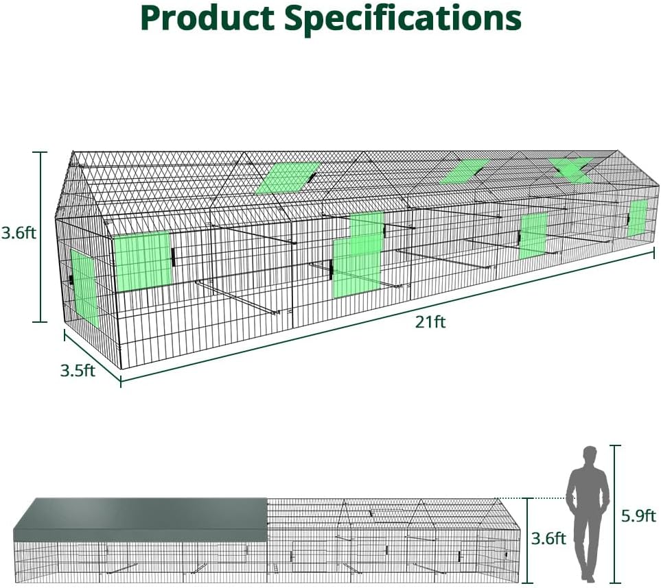 Chicken Coop, 21ft x 3.5ft Chicken Run Pen with Cover for Yard