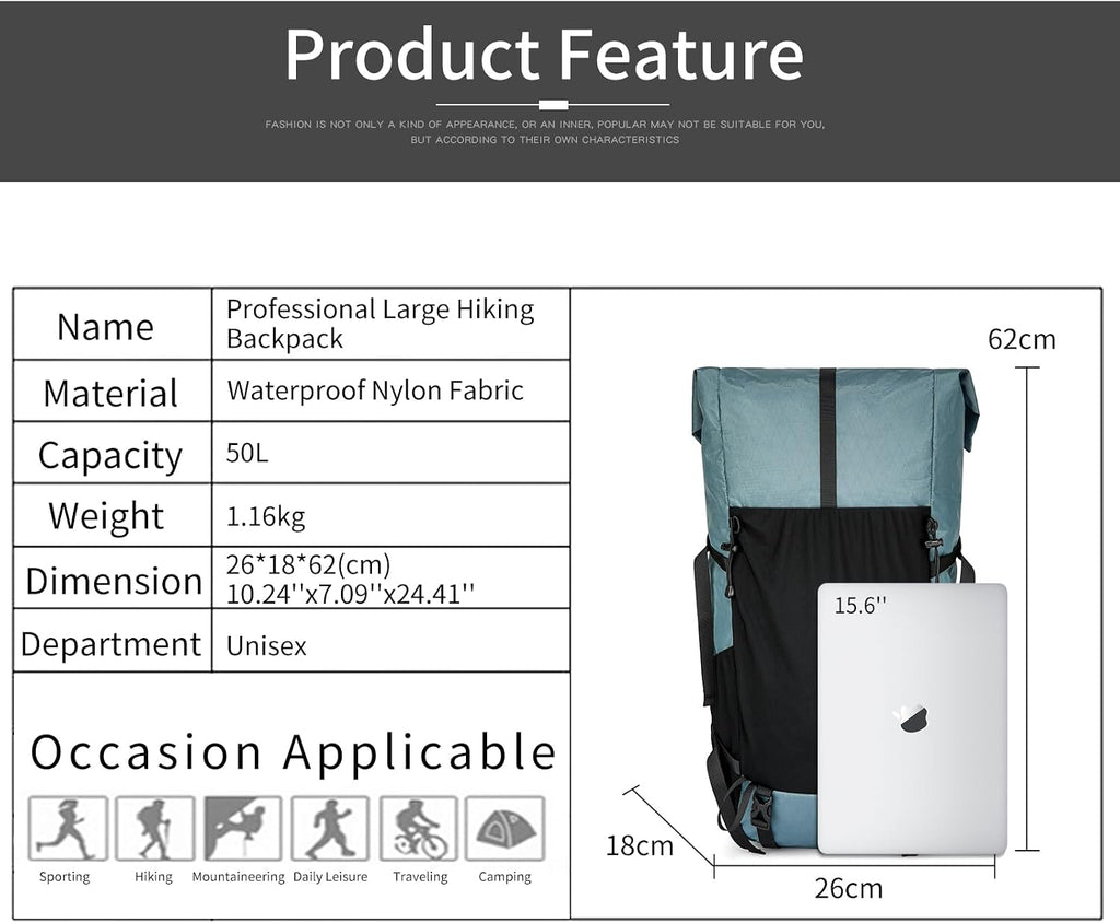 Hiking Backpack,40L to 50L Extra Large Capacity Hiking Bag,Internal Frame Camping Backpack,Upgraded X-PAC Lightweight