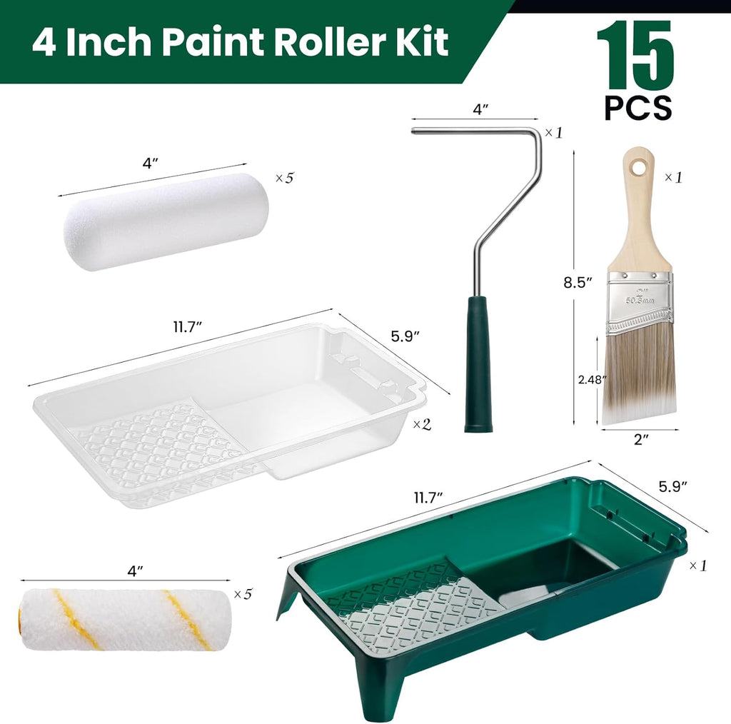 Paint Roller Kit, 15 Pack, 4 Inch Paint Roller, Small Paint Roller with Tray Liners, Roller Paint Brush Covers for