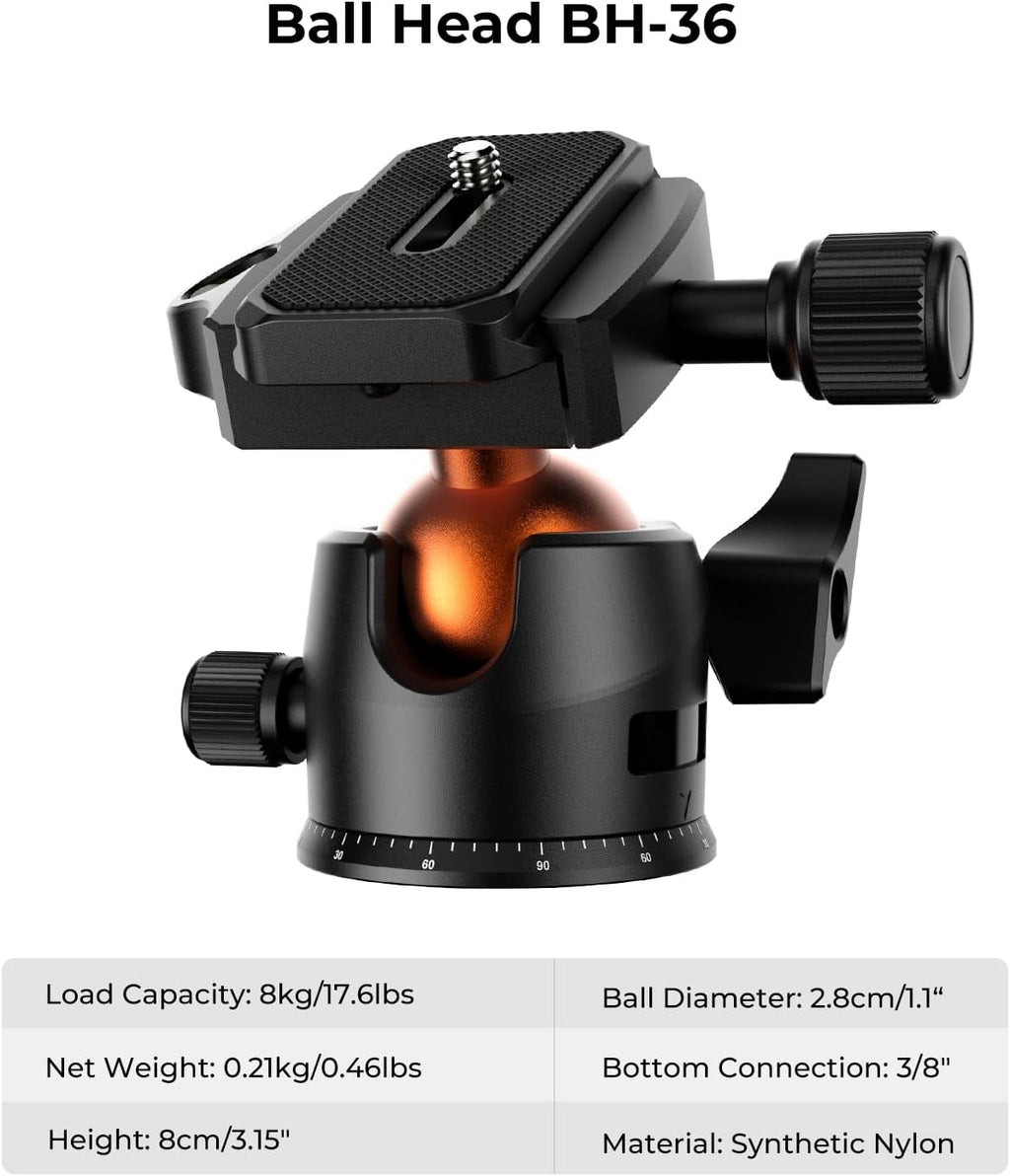 64 inch/163cm Lightweight Aluminum Travel Camera Tripod | Compact and Portable, 360° Ball Head, Load Capacity