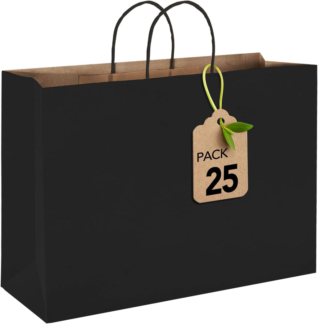 25 Pack Large Black Paper Bags with Handles, 16x6x12 Inch