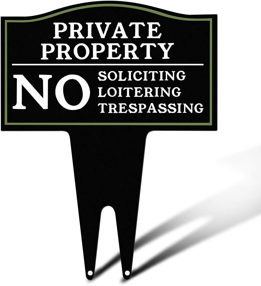 Private Property No Trespassing, No Soliciting and No Loitering Signs with Stake, 16x12.5 Inch Rust Free Metal Yard
