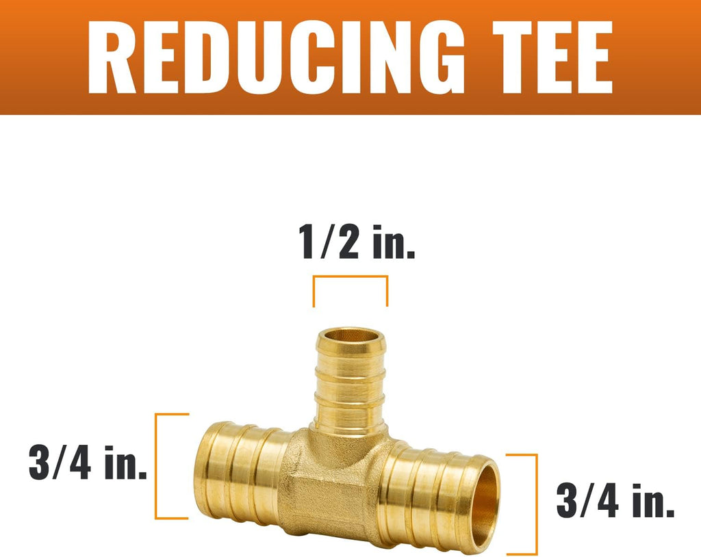SUNGATOR 12-Pack 3/4" x 3/4" x 1/2" PEX Reducing Tee, Brass Crimp Fitting