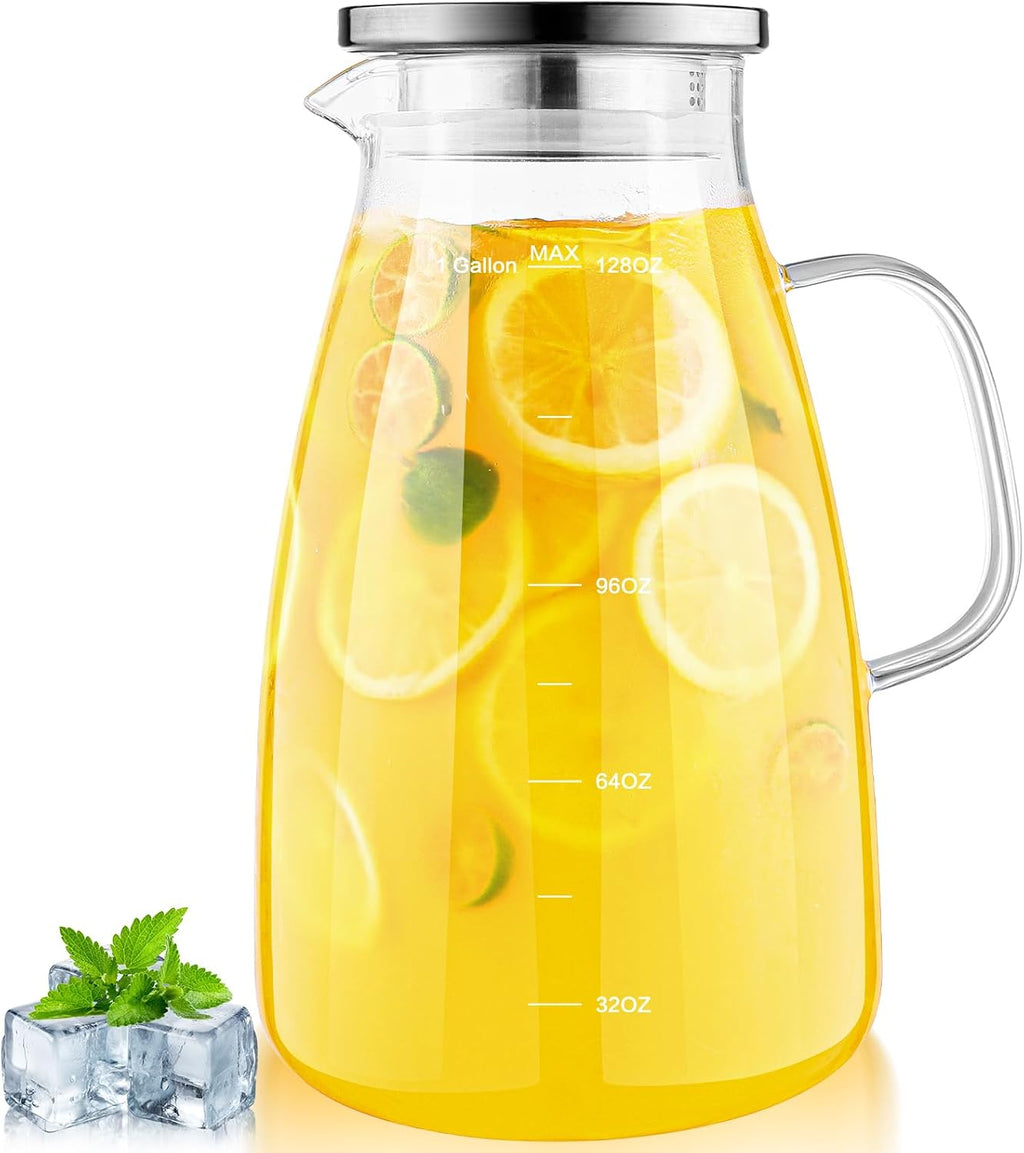 Glass Pitcher with Lid and Handle, Glass Water Pitchers, 1 Gallon