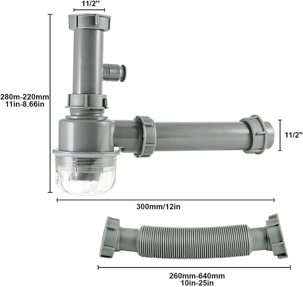 Kitchen Sink P-Trap Kit, 1-1/2 Inch Adjustable Drain Pipe with Flexible & Straight Pipes, Dishwasher Connection