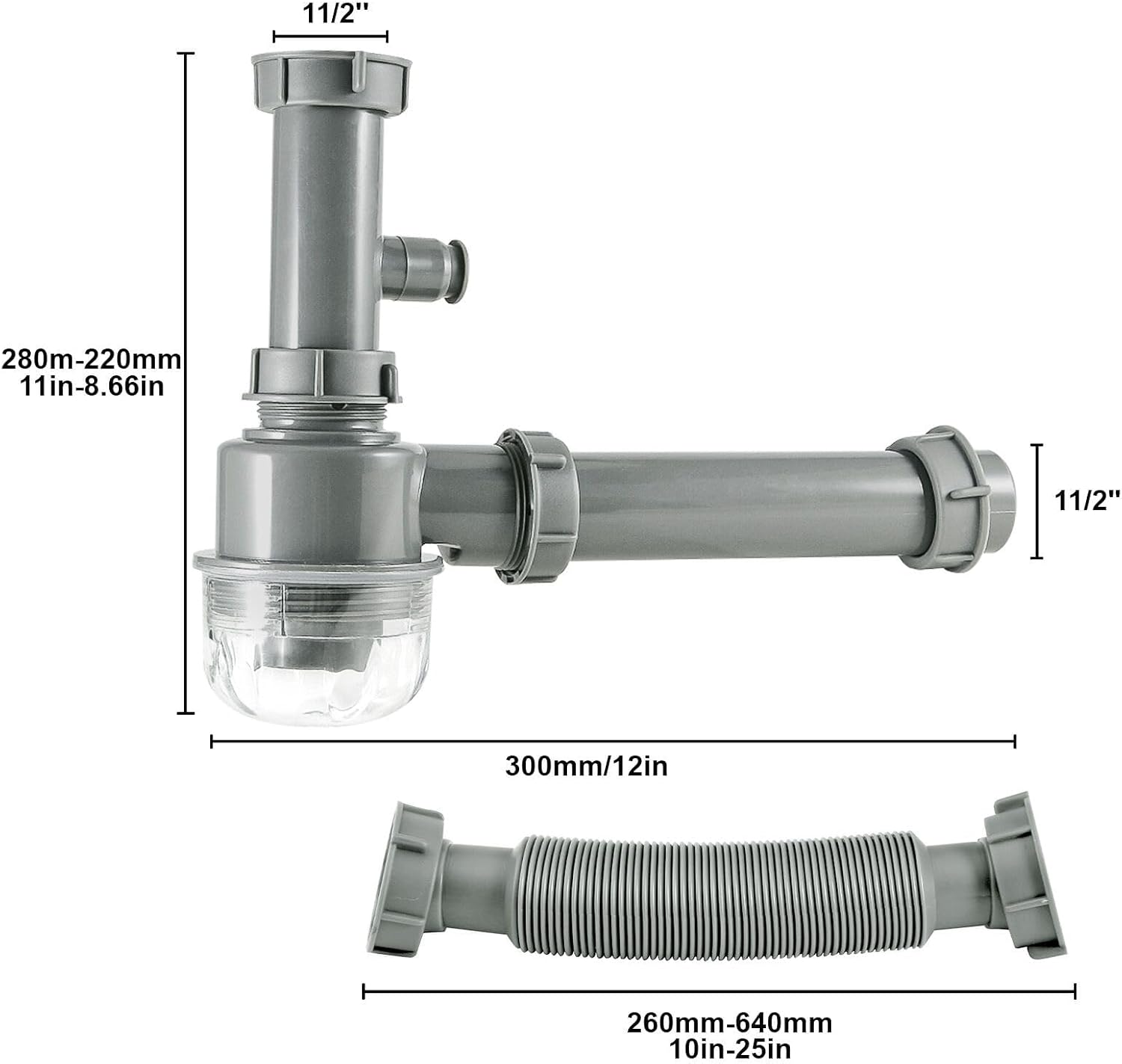 Kitchen Sink P-Trap Kit, 1-1/2 Inch Adjustable Drain Pipe with Flexible & Straight Pipes, Dishwasher Connection