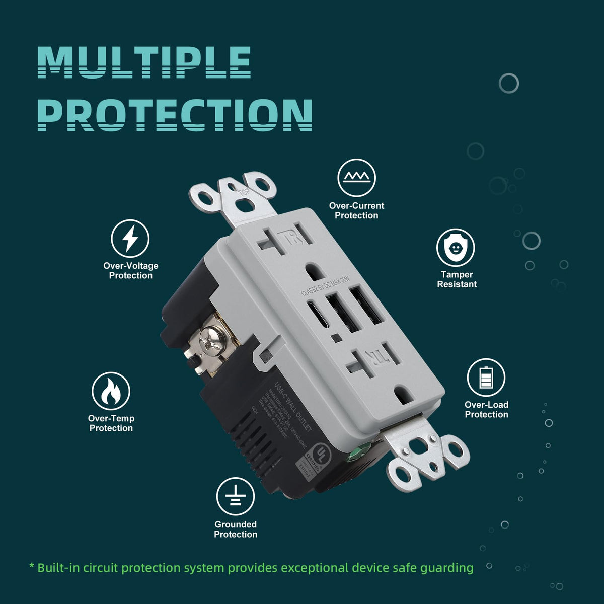 TOPELER USB Receptacle Outlet, 6.0A/30W USB Wall Socket with Type C/A, Grey
