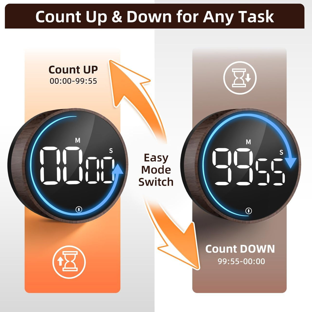 Digital Magnetic Kitchen Timer & Stopwatch with LED Display, Woodgrain