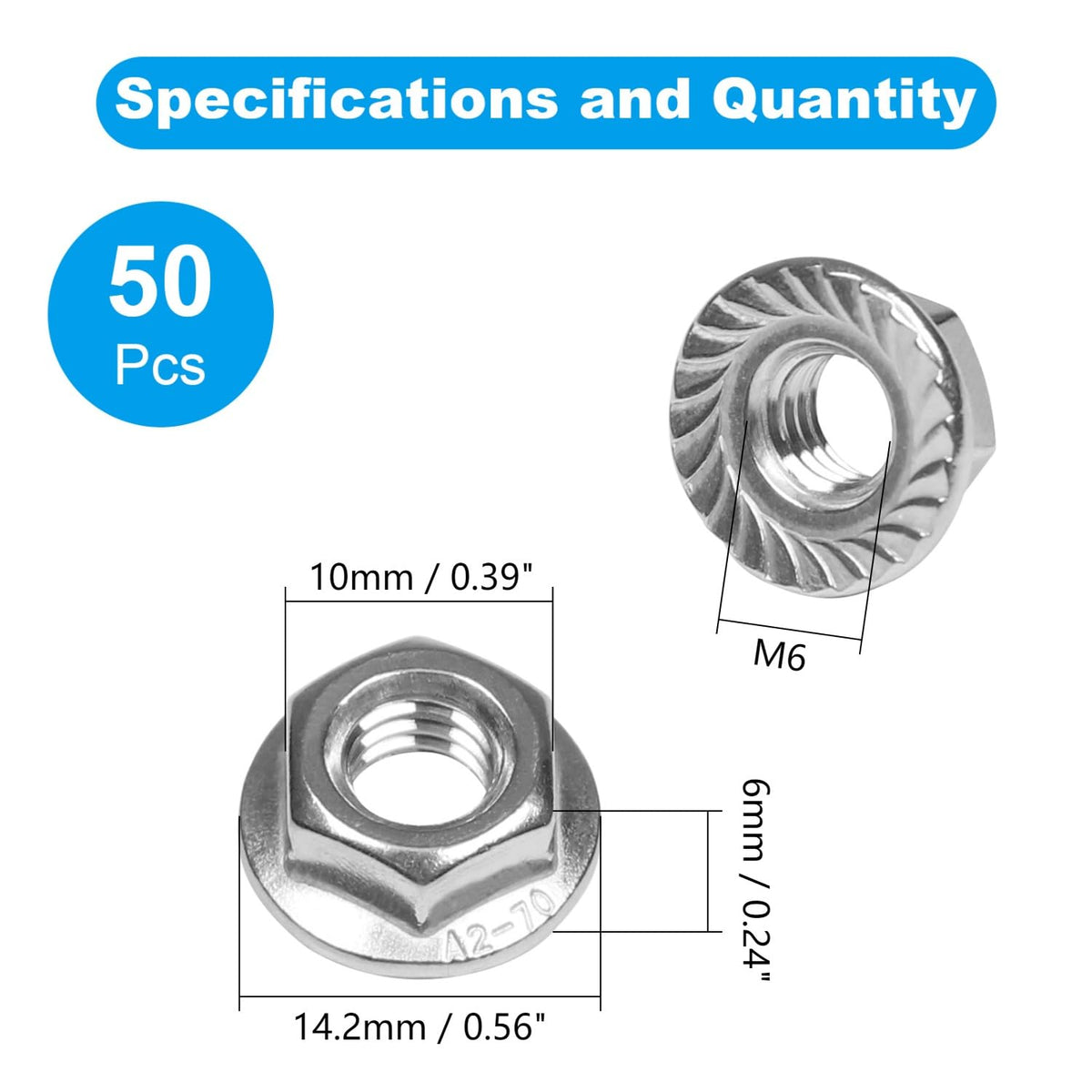 50 Pcs M6 x 1mm Serrated Flange Hex Nuts, 304 Stainless Steel