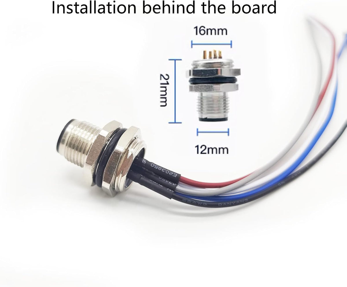 5Pcs M12 5 Pin A Code Male Connector Cable, IP67 Waterproof Panel Rear Mounting Panel Receptacles Straight Non-Shield Aviation Socket Electrical Cable Back Mount Sensor 125V 4A (1.64ft/0.5Meter)