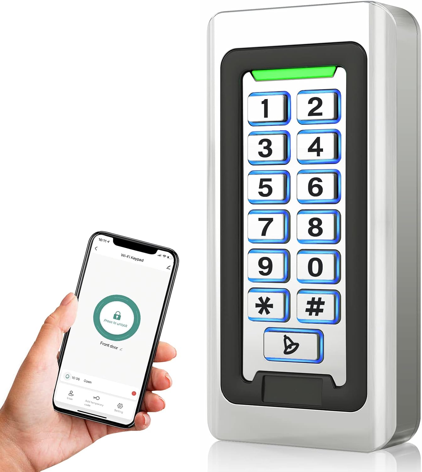 Wireless WiFi Access Control Keypad, Metal Stand-Alone Door Access Control | ID Card Reader, Weatherproof, Backlight