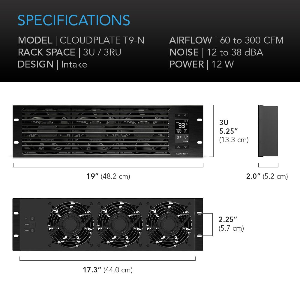 AC Infinity CLOUDPLATE T9-N, Rack Mount Fan Panel 3U, Intake Airflow