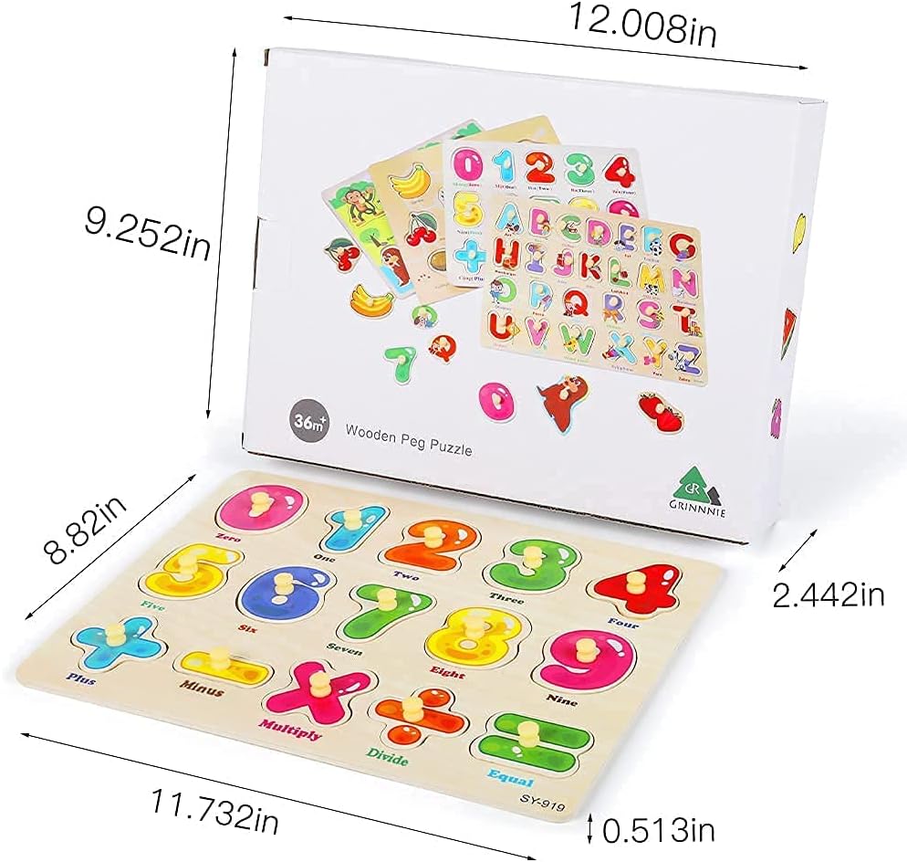 GRINNNIE Wooden Peg Puzzle for Toddlers 3 4 5 Years Old, 4 PCS Montessori Educational Learning Puzzles Set-Numbers