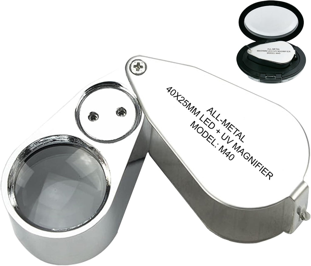 40X Jewelers Loupe with Light, UV Lighted Magnifying Glass Eye Loop, LED Illuminated Metal Pocket Magnifier for