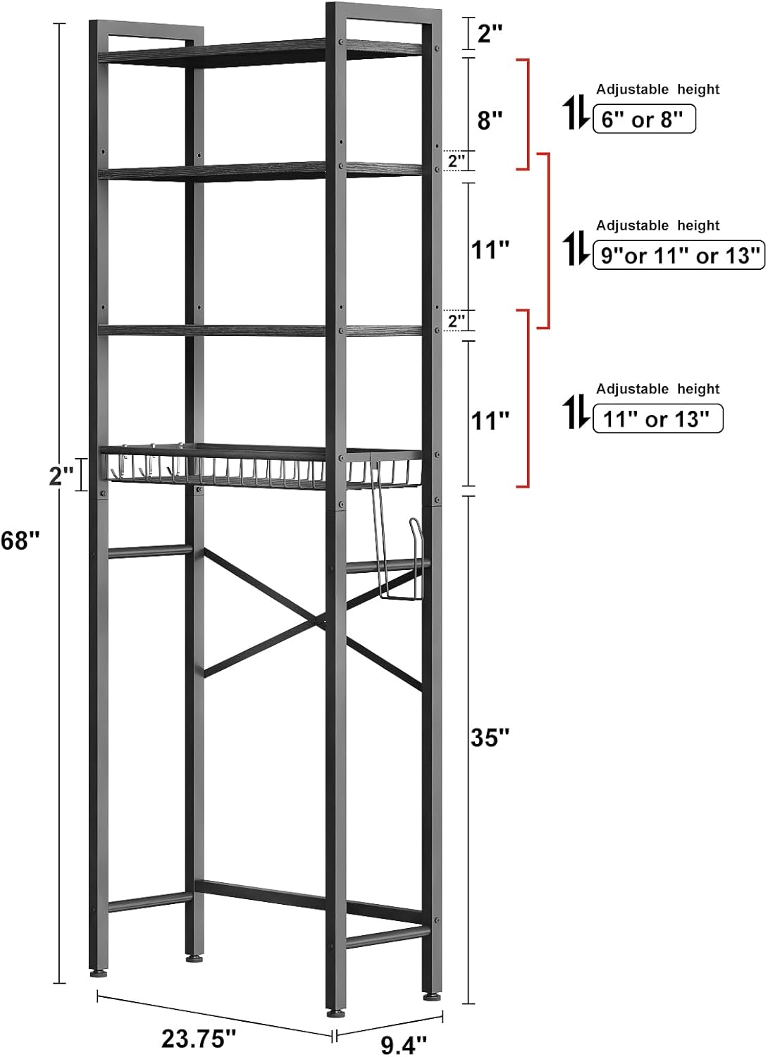 Over-The-Toilet Storage Rack, 4-Tier Bathroom Organizer Shelf Over Toilet with Adjustable Shelf and Basket