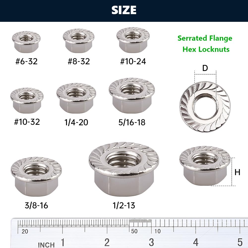 #6-32 (50 Pack) Serrated Flange Hex Nuts, 304 Stainless Steel 18/8 Flange Nuts, UNC Coarse Thread Hex Locknuts
