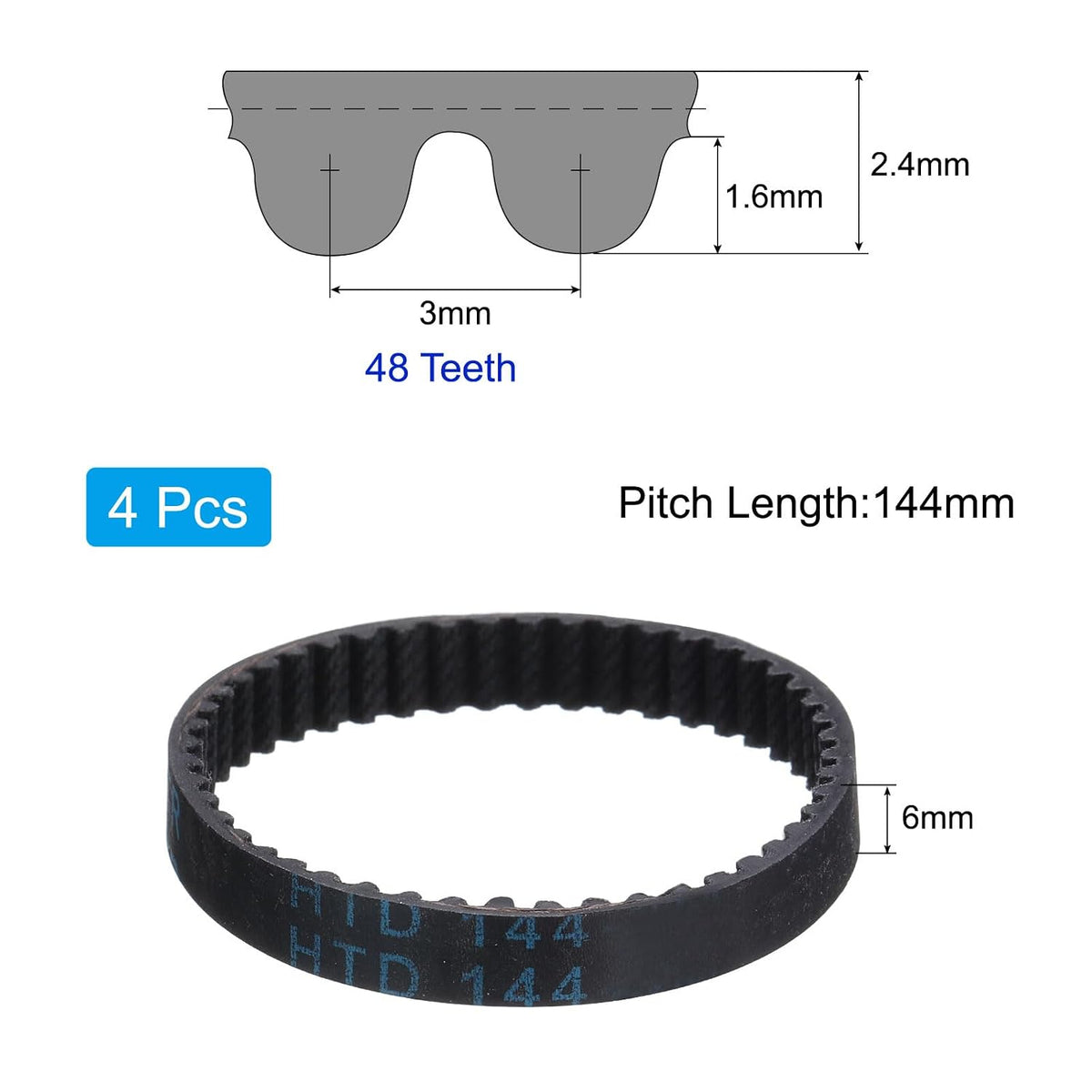 uxcell 4pcs HTD-3M Rubber Timing Belt 48 Teeth, 144mm Pitch Length x 6mm Width x 2.4mm Height, Closed Loop Pulley Timing Belt