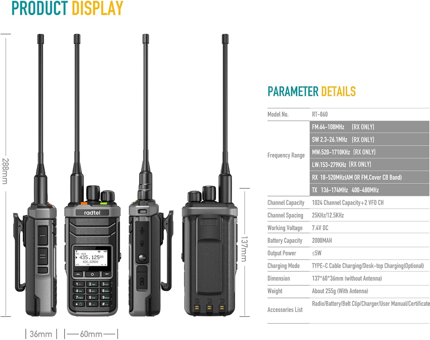 RT-860 Multi Band Ham Radio HF UHF VHF Dual Band with AM USB LSB CW CB LW MW SW SSB Reception, 1024 Channels, 2000mAh