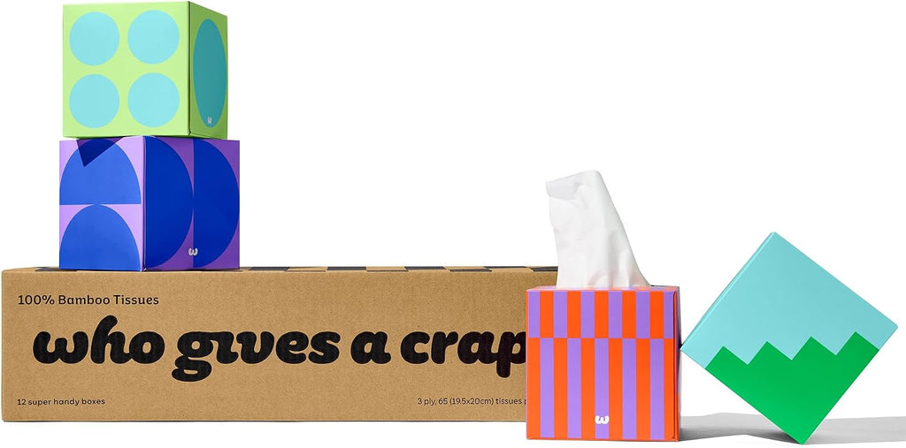 Bamboo Tissues, Facial Tissue Cube Boxes, 100% Bamboo, 3 Ply, 12 Boxes, 65 Sheets per Box, Soft, Strong, and