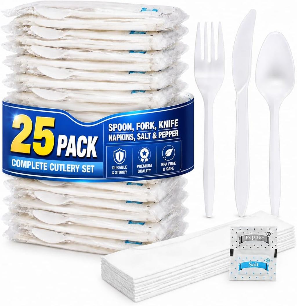 Disposable Cutlery Set, Individually Wrapped Plastic Utensils Kit (25)