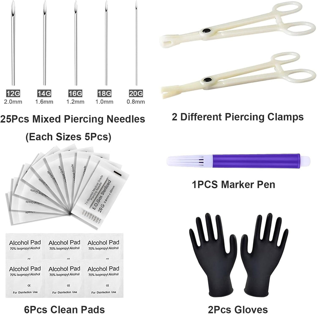Piercing Kit 36Pcs Piercing Clamps Kit with 25Pcs Mixed 12G 14G 16G 18G 20G Ear Nose Piercing 2Pcs Piercing Clamps