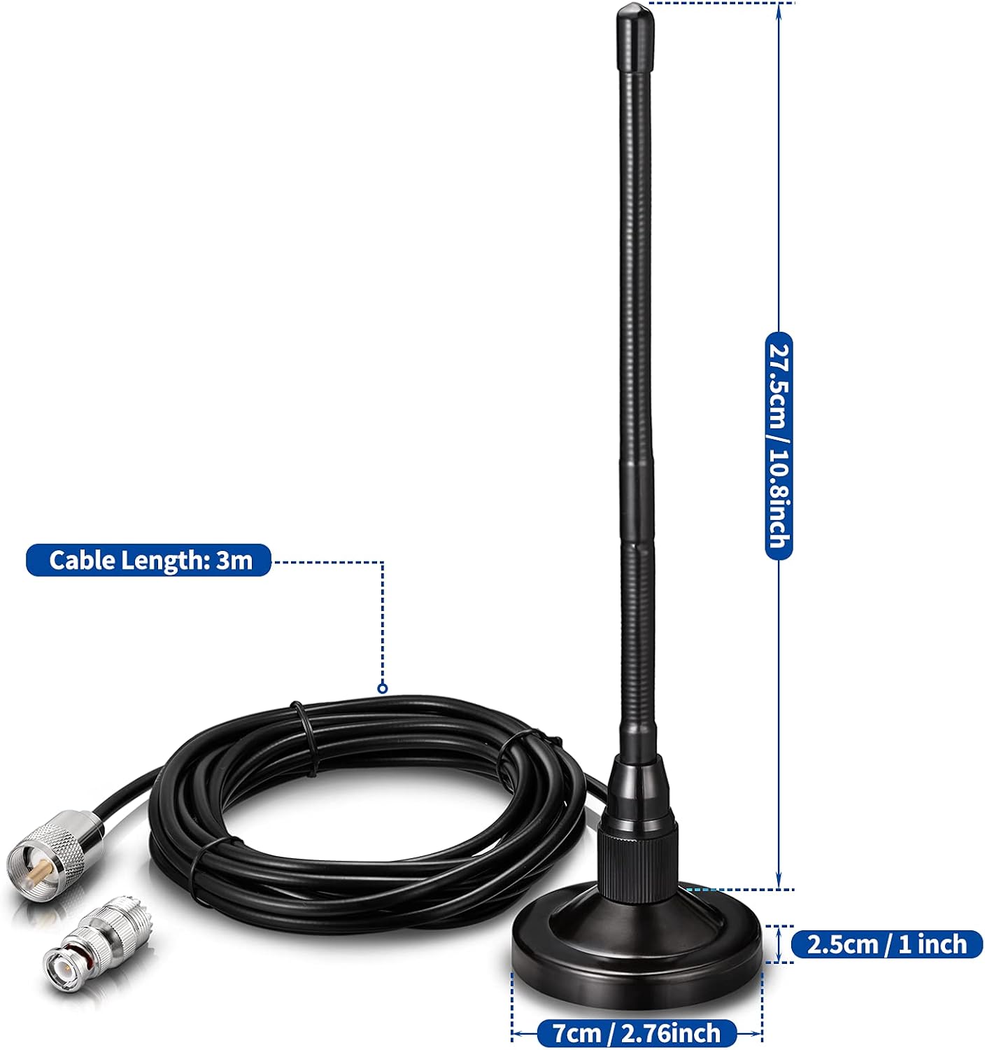 27MHz CB Radio Antenna Magnetic Base Soft Whip PL259 & BNC Male Compatible with Cobra Midland Uniden Maxon President